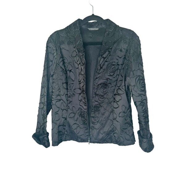 Samuel Dong M Black Floral Textured Embroidered Jacket Adjustable Cuffs - Picture 7 of 11